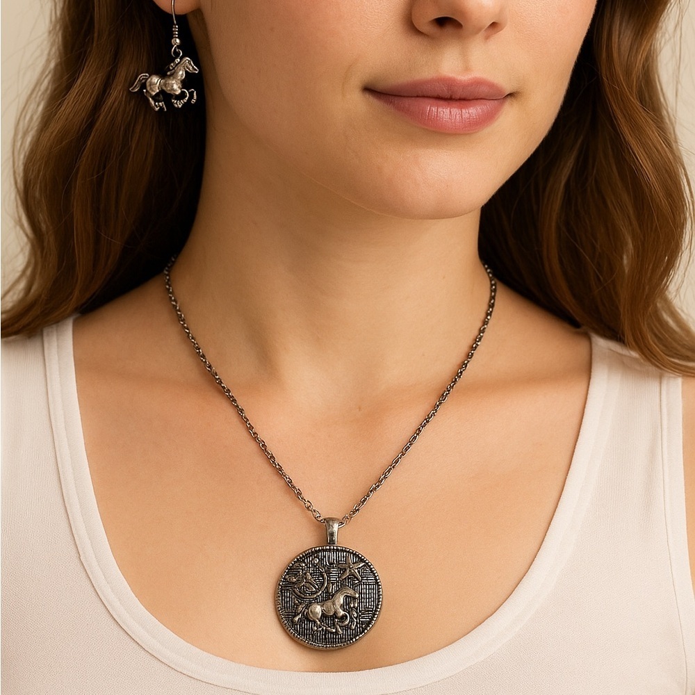 DaVinci Horse Earrings & Necklace Set Silver Tone Western Lead Nickel Safe NWT